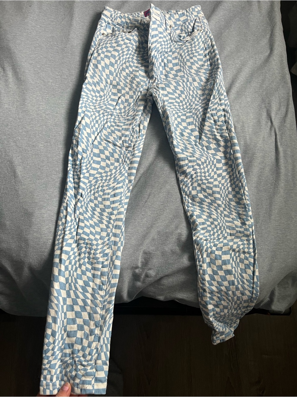 Blue & White Optical Checkered High-Waist Pants